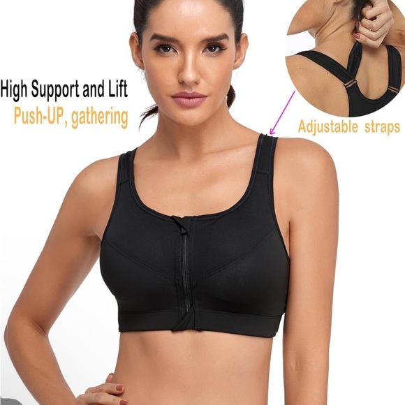 🆕Regular and Plus Size High Support Push Up Zip Front Close Padded Sports Bra - Picture 2 of 4